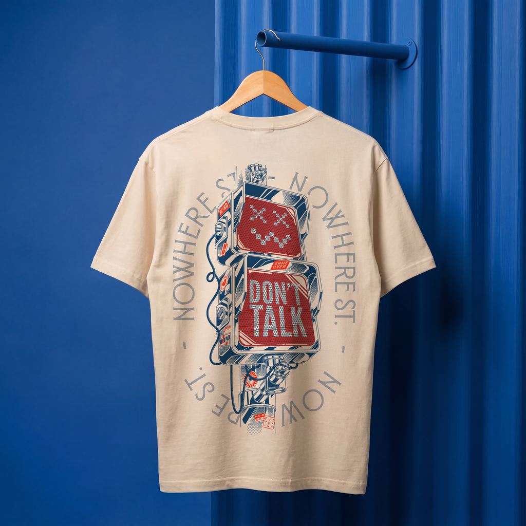 Beige t-shirt with graphic design and text on a hanger against a blue background