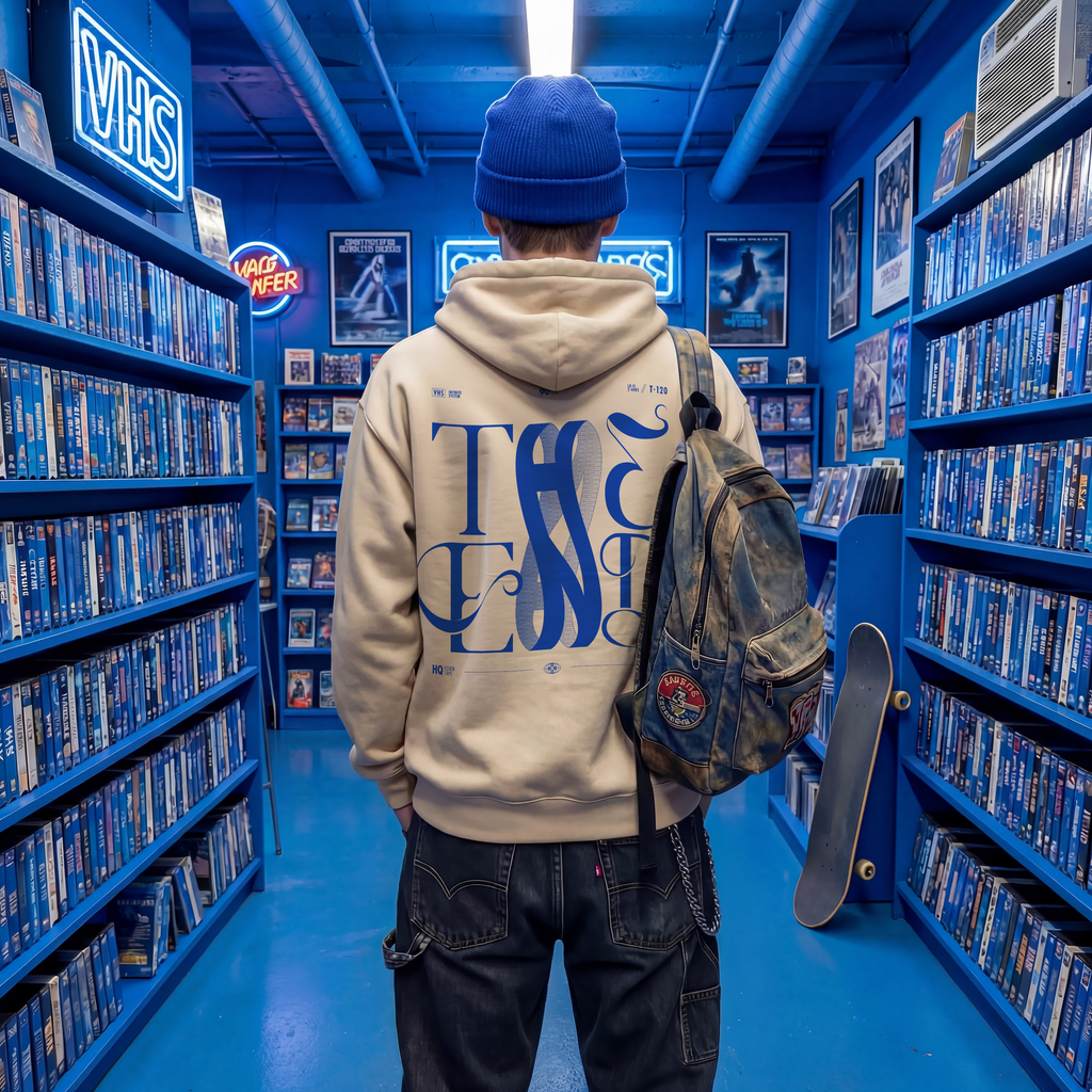 Person wearing a hoodie with text in a room filled with VHS tapes