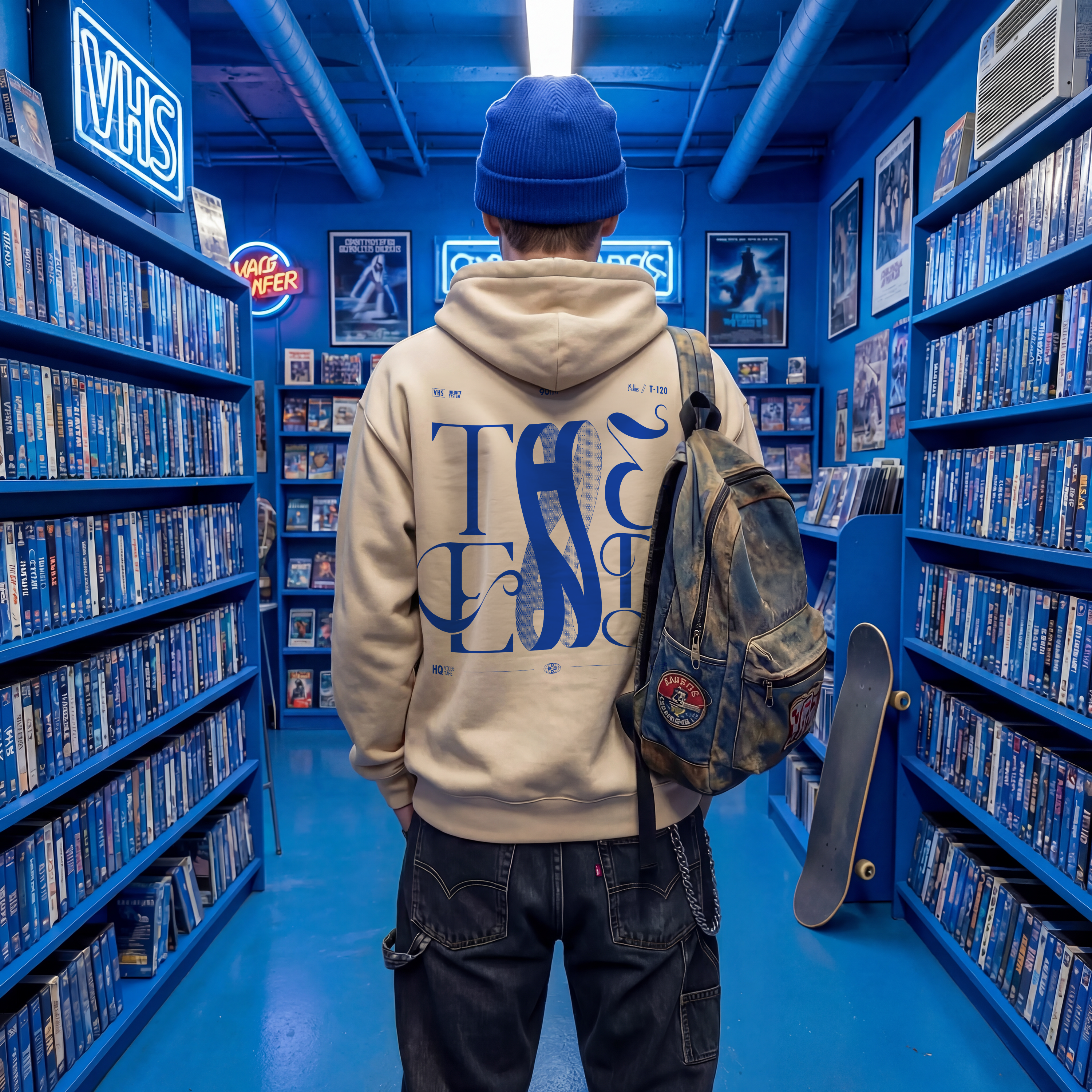 Person wearing a hoodie with text in a room filled with VHS tapes