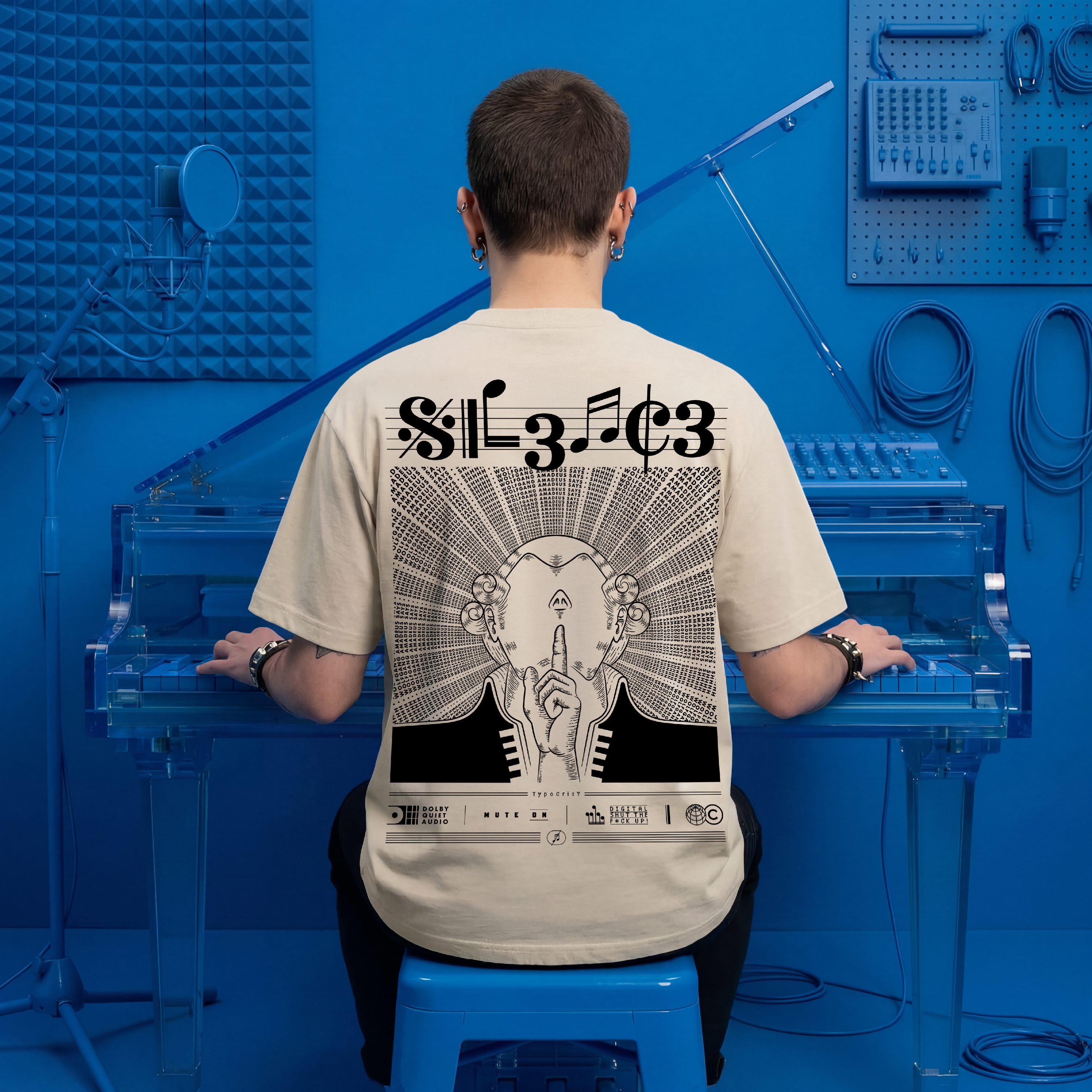Man seated at transparent acrylic piano in blue recording studio wearing beige Typocrisy SIL3NC3 oversized t-shirt, full back graphic with musical notation typography and silence illustration