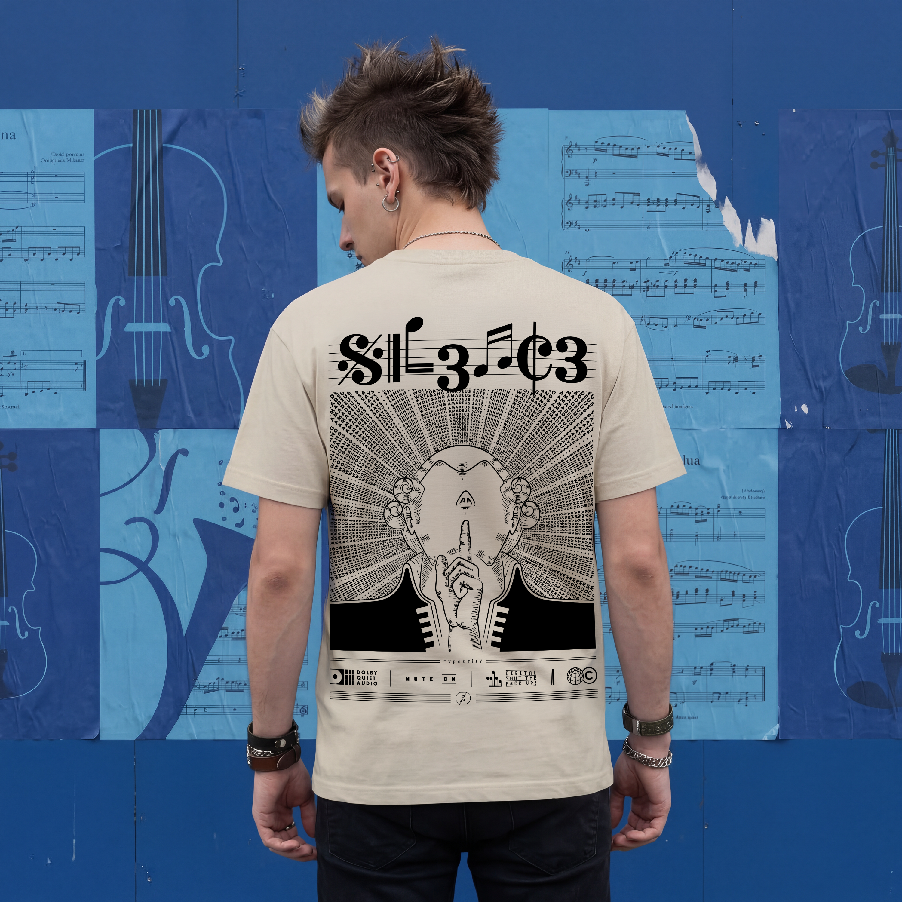 Man with mohawk standing in front of blue wall with sheet music and violin illustrations, wearing beige Typocrisy SIL3NC3 oversized t-shirt, full back graphic visible
