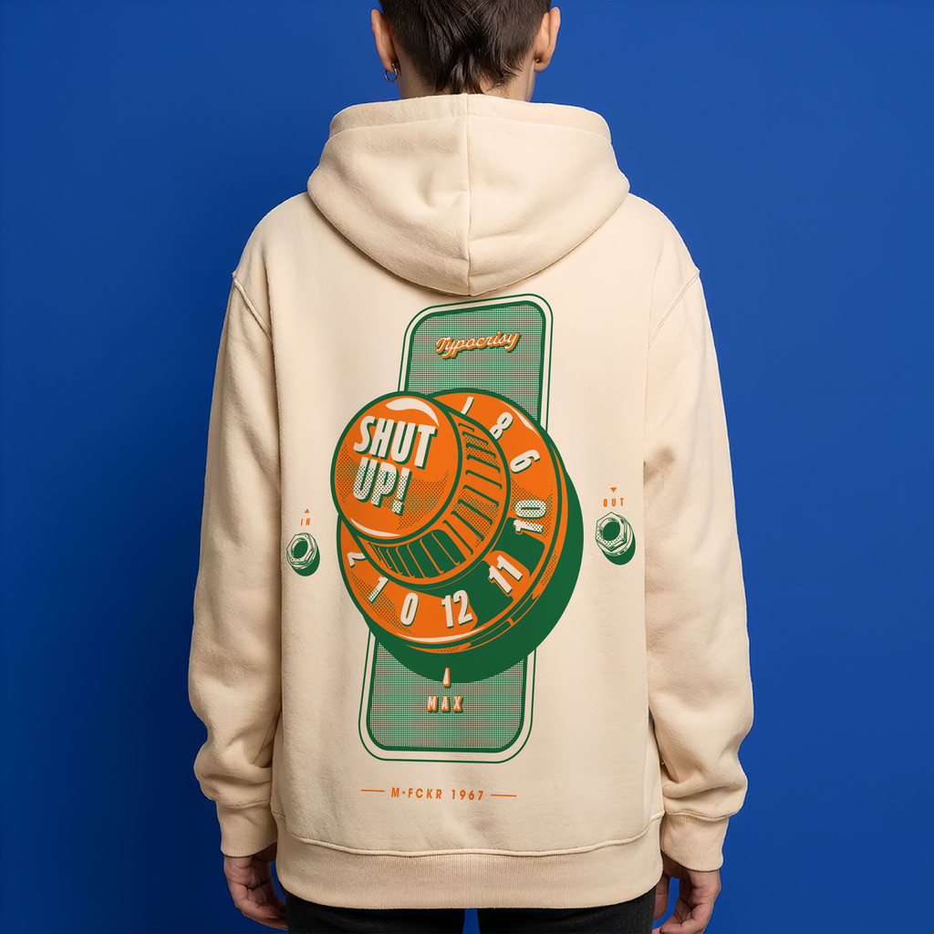 Beige hoodie with a green and orange graphic on the back against a blue background