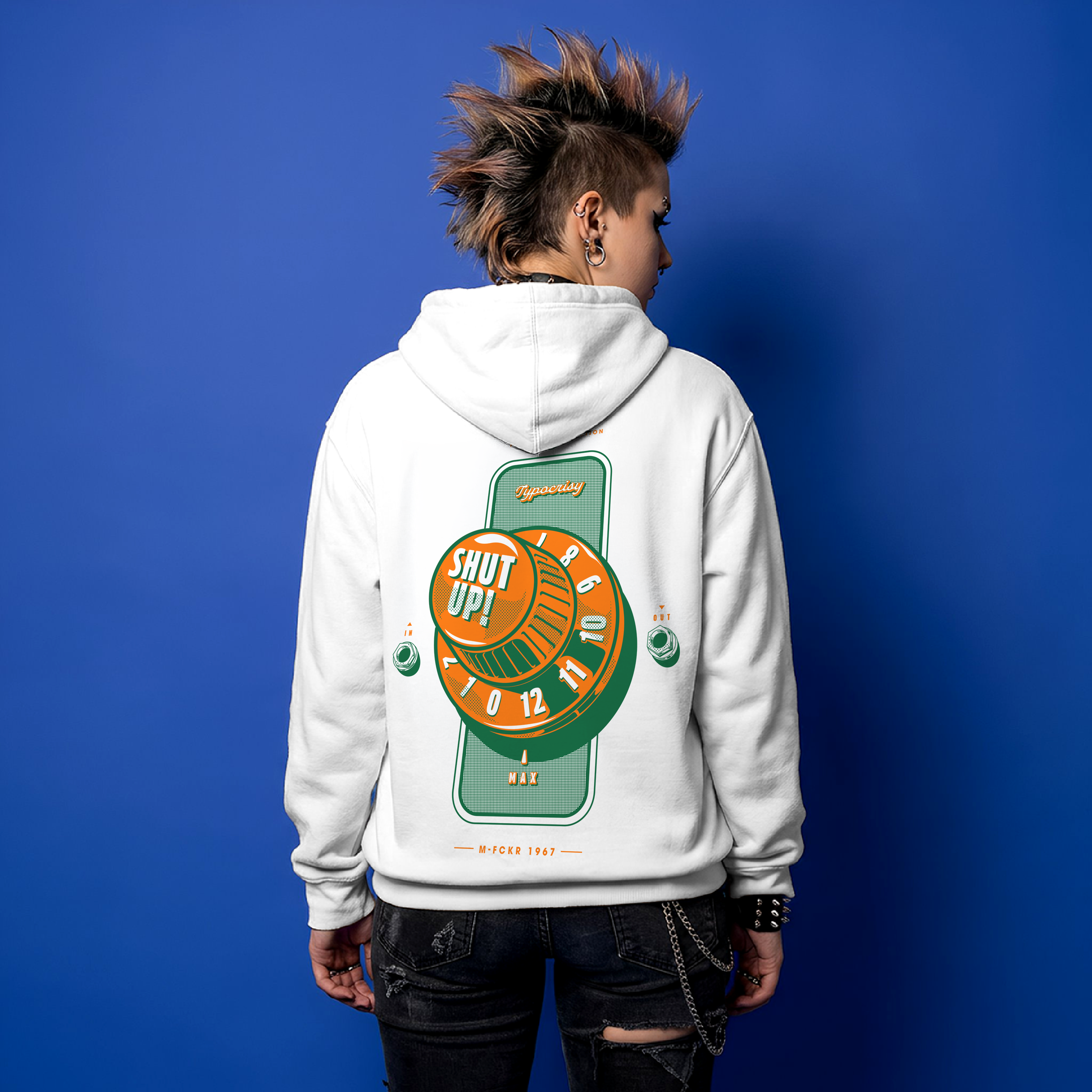 Person wearing a white hoodie with a colorful graphic on the back against a blue background