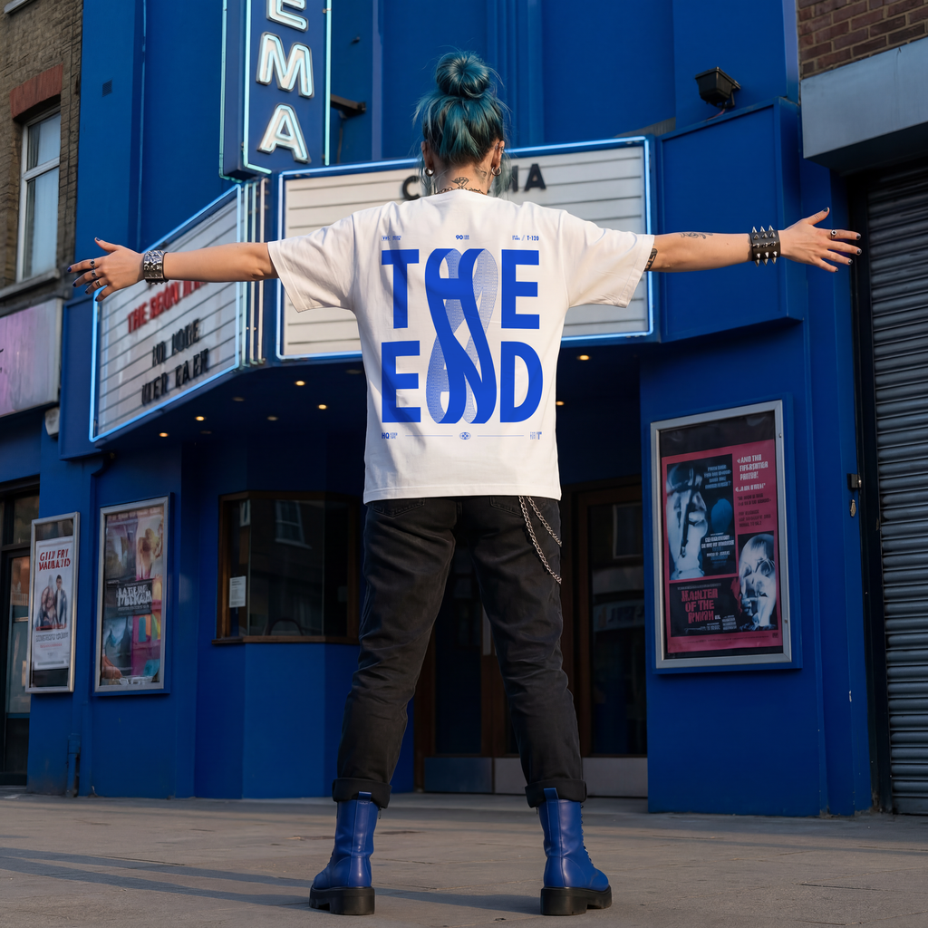 Person wearing a white t-shirt with 'THE END' printed on the back in front of a blue building with movie posters.
