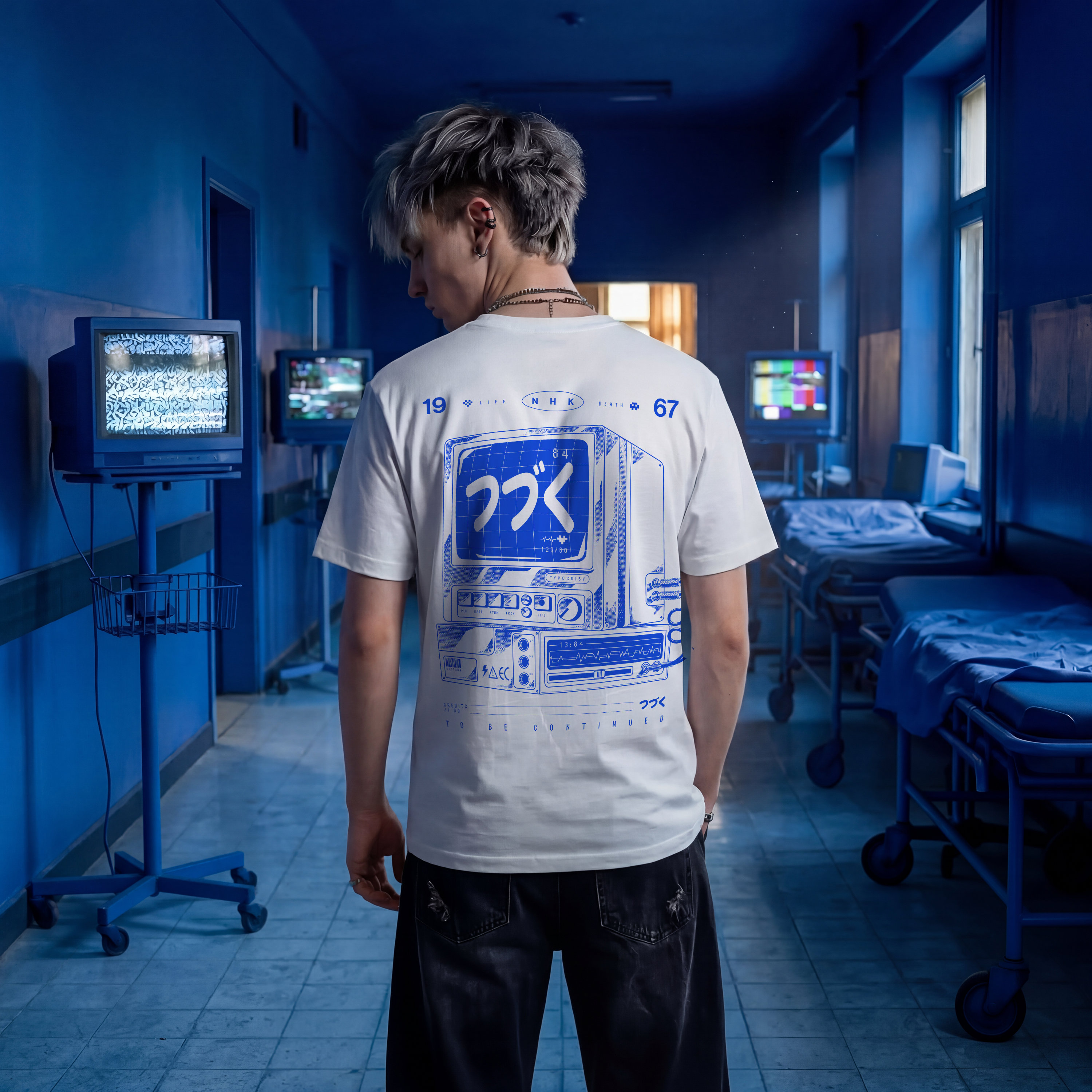 Person wearing a white t-shirt with a graphic design in a room with multiple monitors displaying different images.