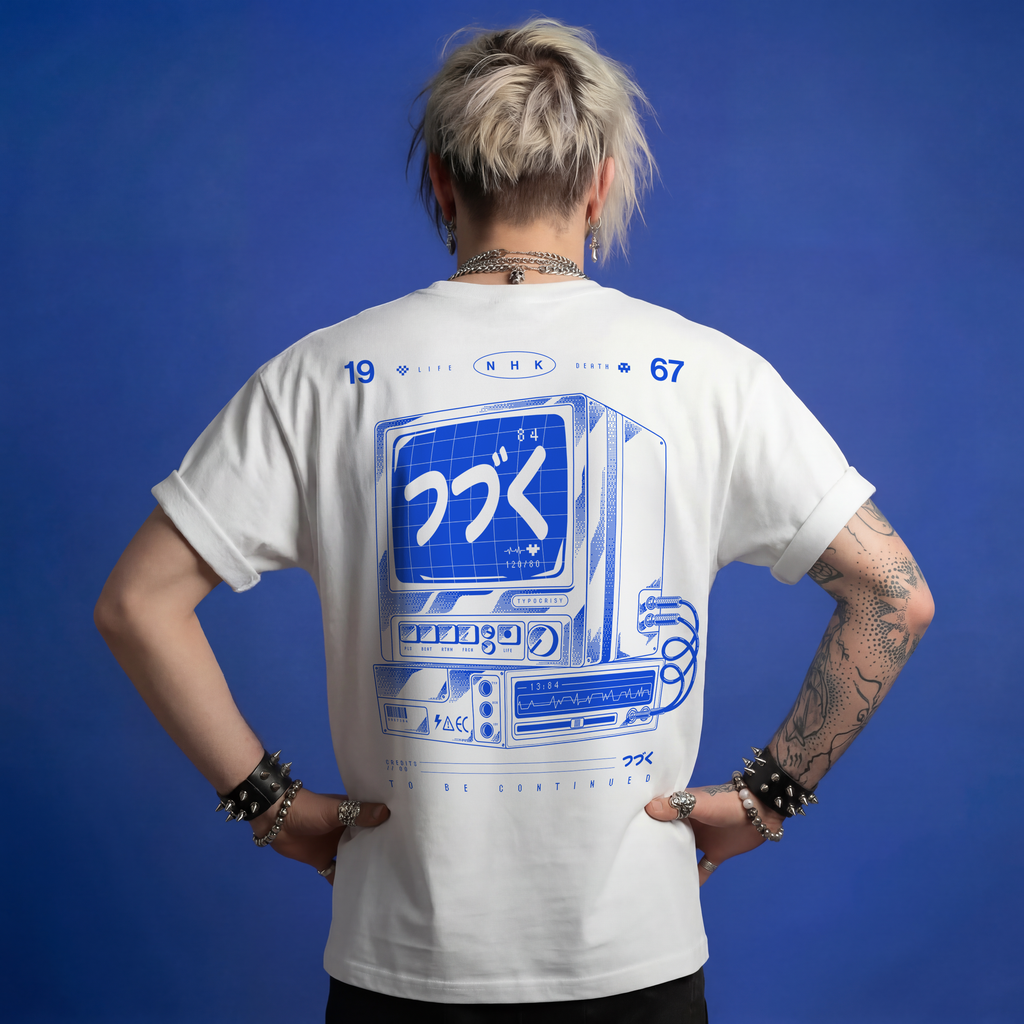 Person wearing a white t-shirt with a blue graphic design on the back against a blue background