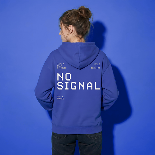 Person wearing a Typocrisy NO SIGNAL blue hoodie with 'NO SIGNAL' text on the back against a blue background