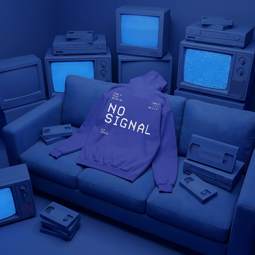 Typocrisy NO SIGNAL electric blue hoodie with 'NO SIGNAL' text on a couch surrounded by vintage electronic equipment in a blue-toned setting.