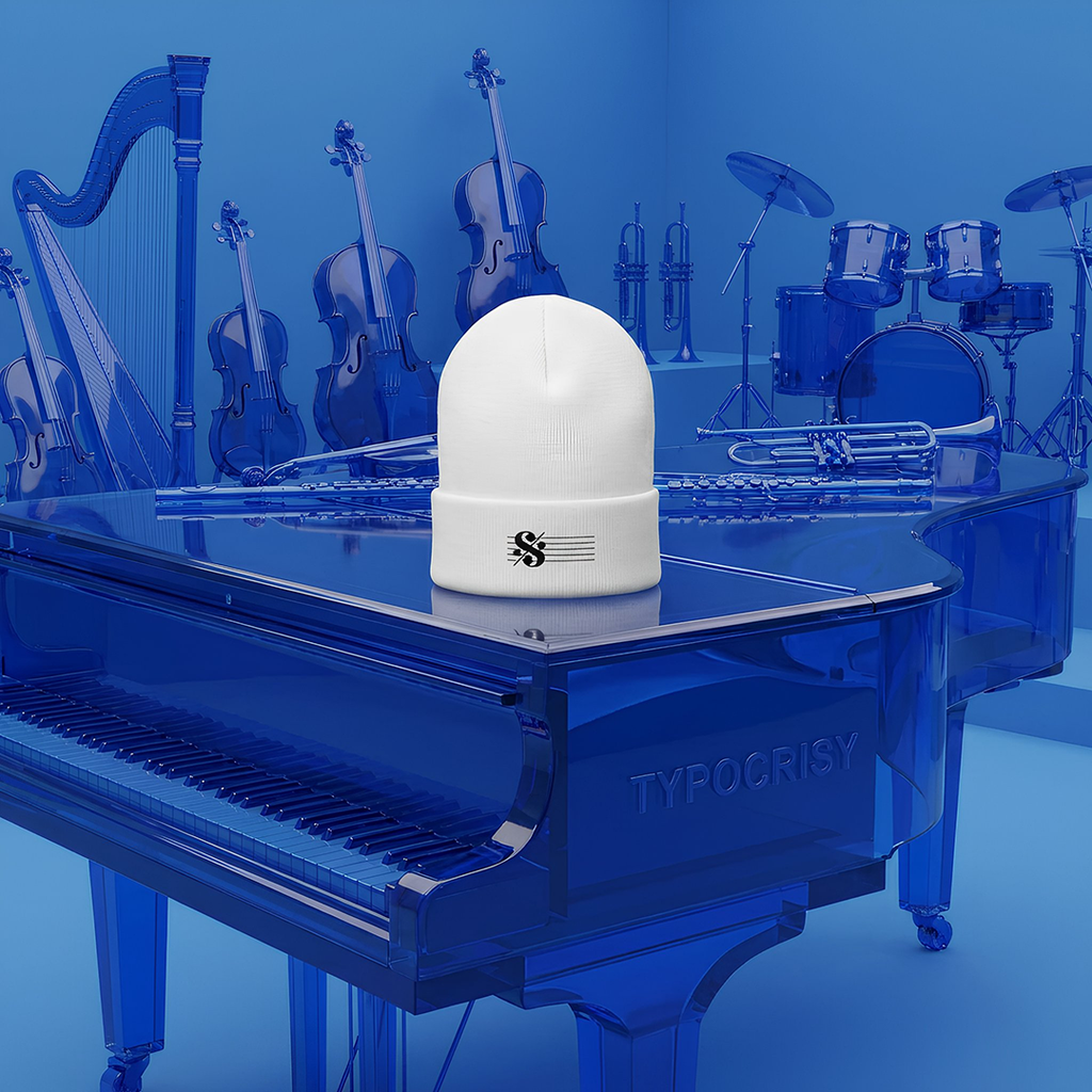 Typocrisy SEGNO White Embroidered Beanie with musical 'S' logo on a grand piano against a blue instrument background