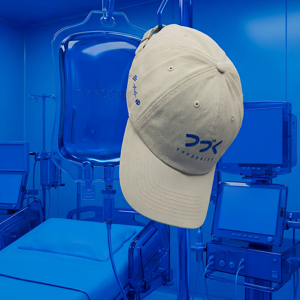 Beige Typocrisy つづく To Be Continued Baseball Cap with a logo hanging on a blue background