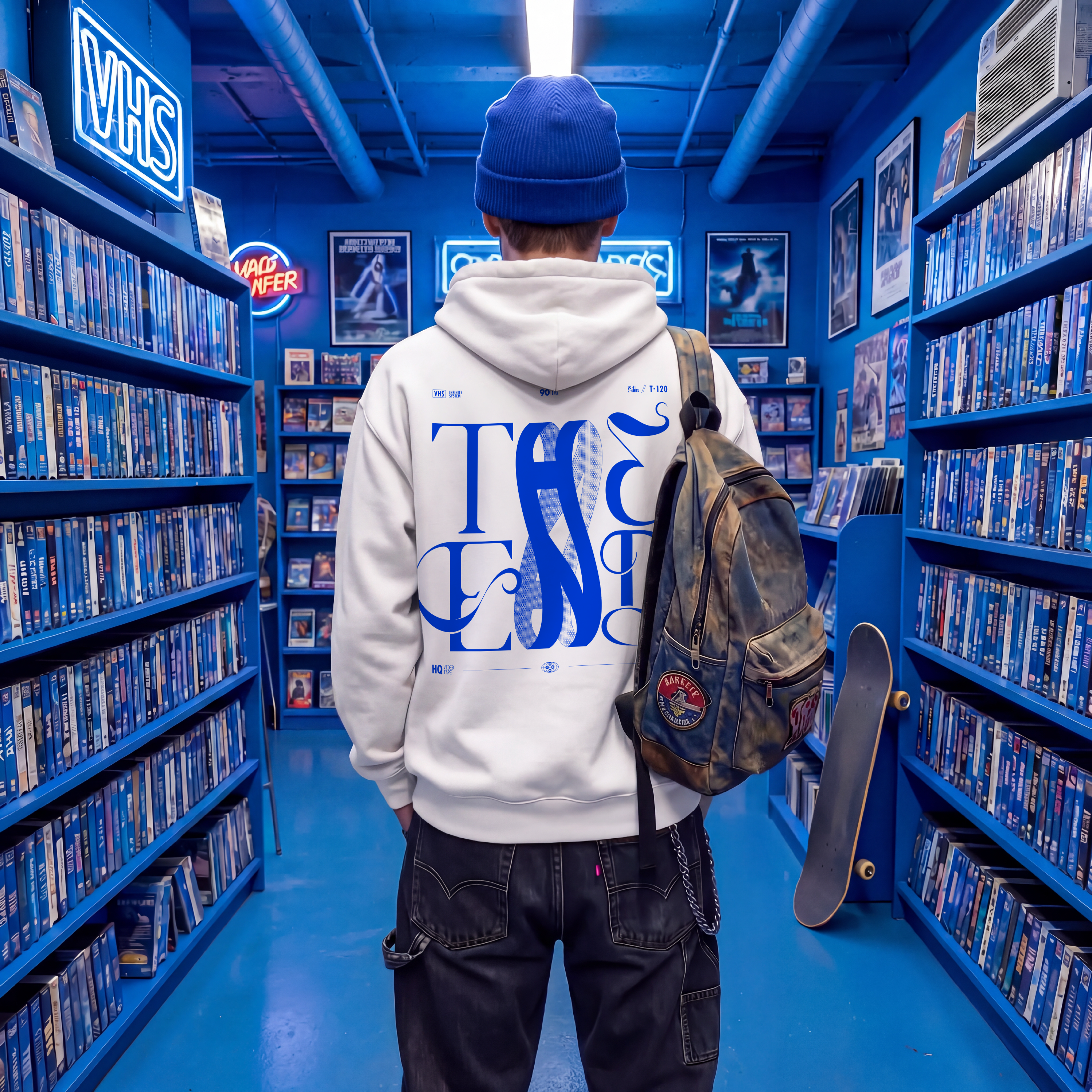 White oversized hoodie with bold blue THE END baroque typography graphic on the back, worn by a man carrying a camo backpack and skateboard in a neon-lit VHS store — retro streetwear by TYPOCRISY