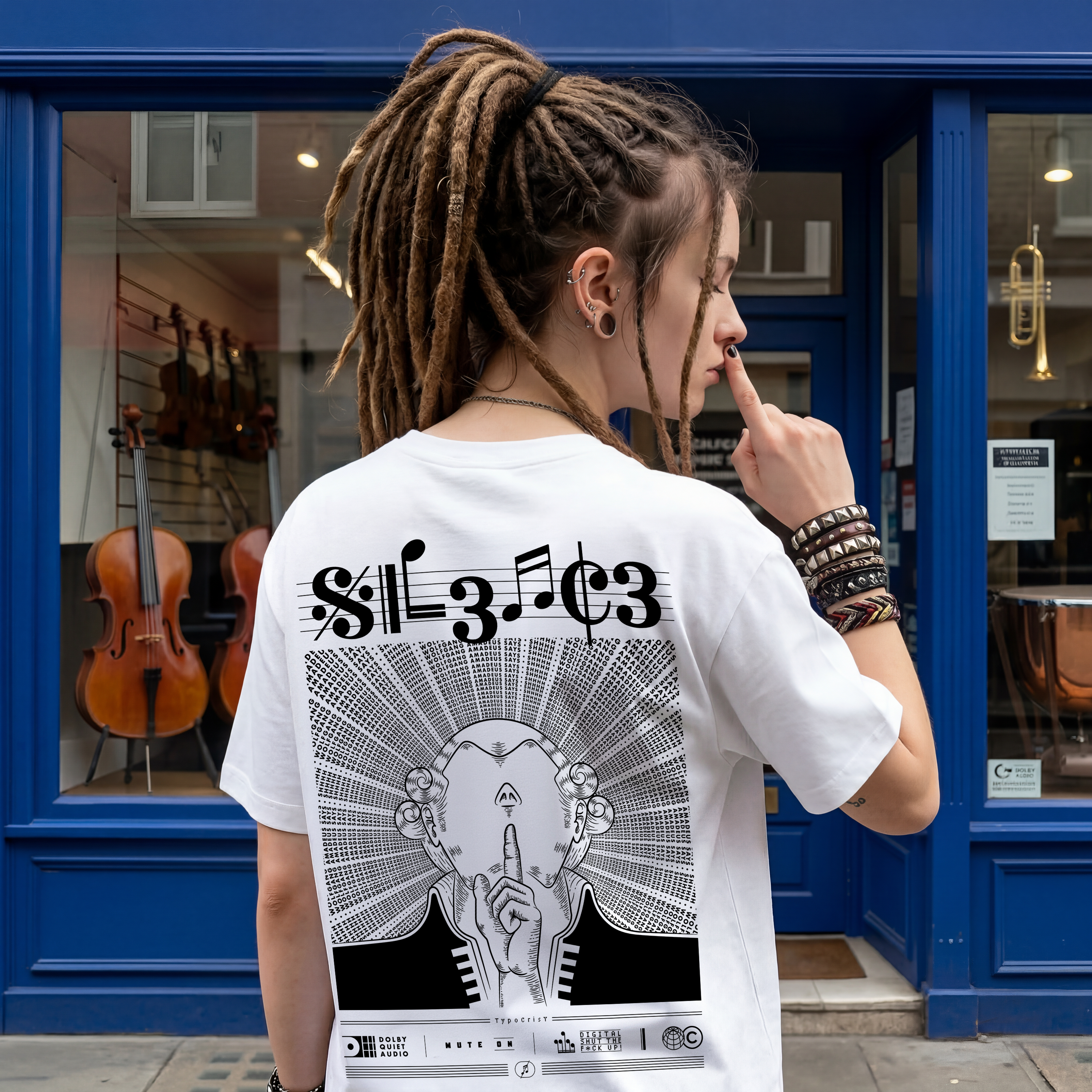Woman with dreadlocks standing outside a music shop wearing white Typocrisy SIL3NC3 oversized t-shirt, back graphic visible, finger raised to lips in silence gesture